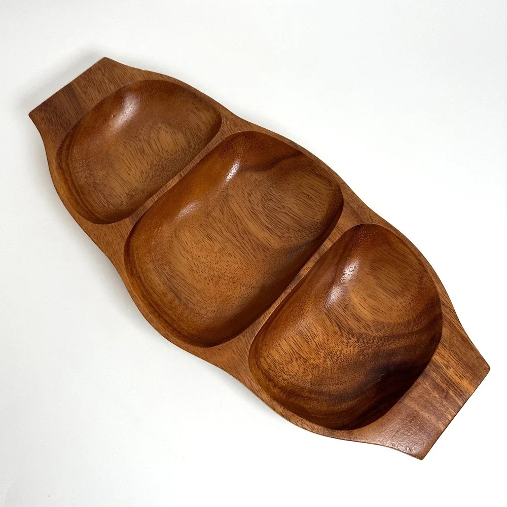 Vtg MCM Hand Carved Wood Divided Serving Tray Nuts Candy Relish Costal Boho Tiki